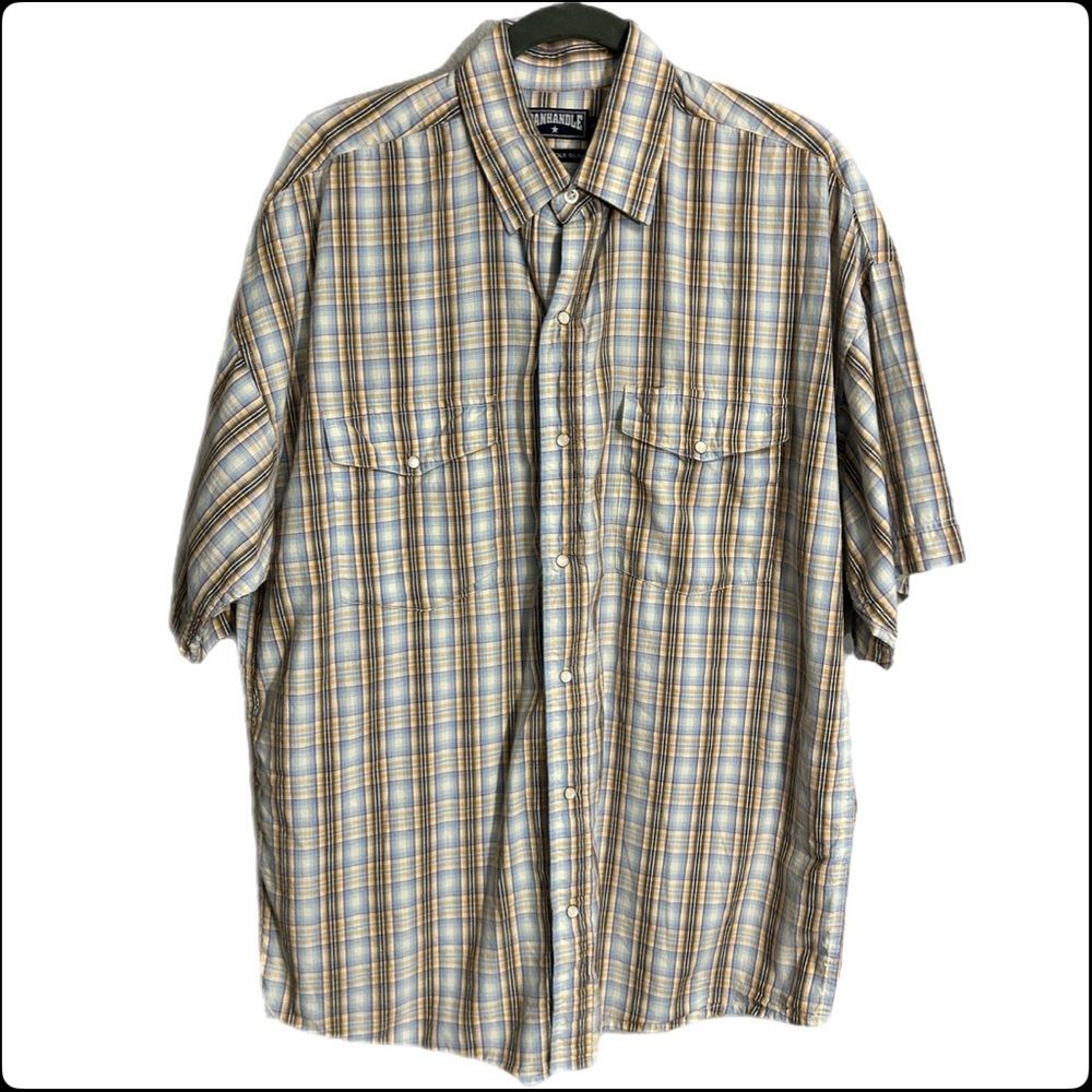 Panhandle‎ Slim Shirt Mens Large Plaid Pearl Snap Short Sleeve 100% Cotton